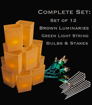 Set of 12 Brown Luminaries, Green String & Bulbs, Stakes