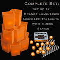Set of 12 Orange Luminaries, Amber LED Tea Lights with Timers, Stakes