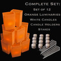 Set of 12 Orange Luminaries, White Candles & Holders, Stakes