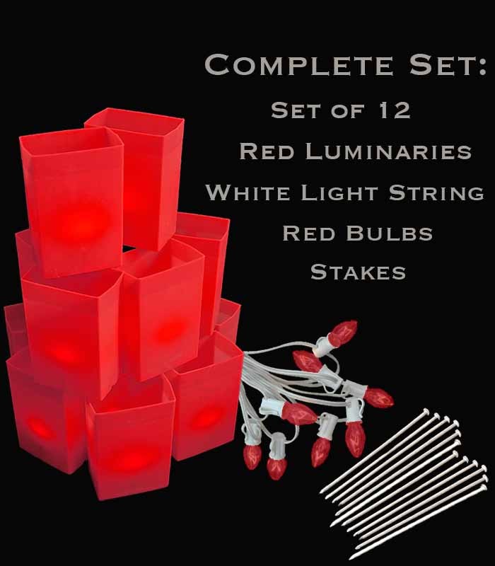 Set of 12 Red Luminaries, White Light String, Red Bulbs & Stakes