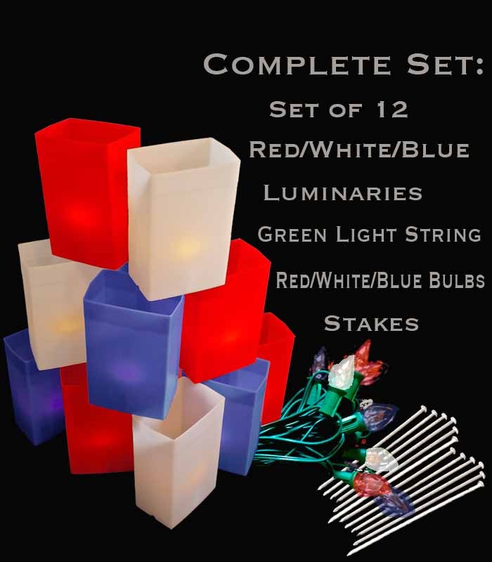Set of 12 Patriotic Luminaries, Green Light String, R/W/B Bulbs & Stakes