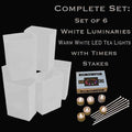 Set of 6 White Luminaries, Warm White LED Tea Lights with Timers, Stakes