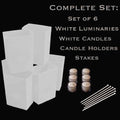 Set of 6 White Luminaries, White Candles, Holders & Stakes