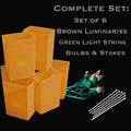Set of 6 Brown Luminaries, Green Light String, Bulbs & Stakes