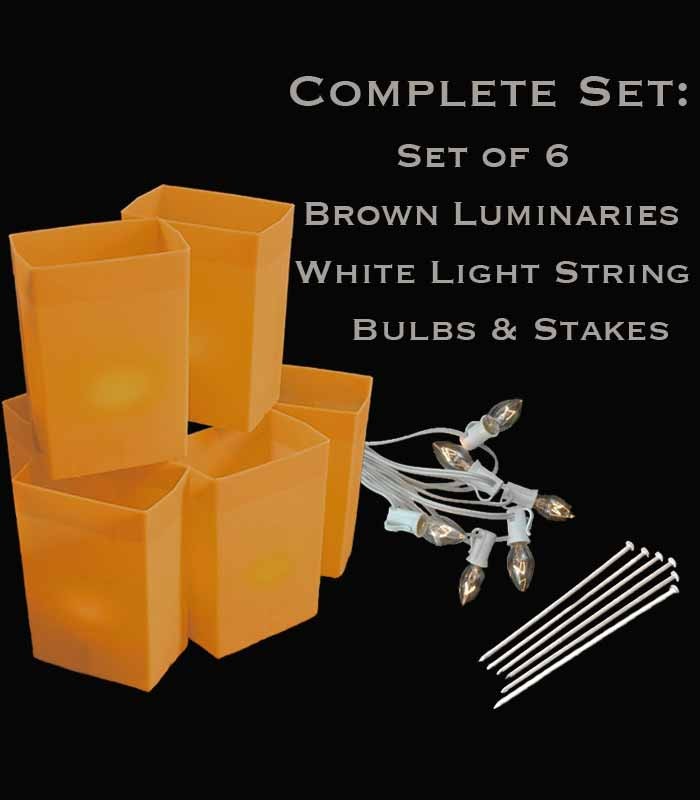 Set of 6 Brown Luminaries, White Light String, Bulbs & Stakes
