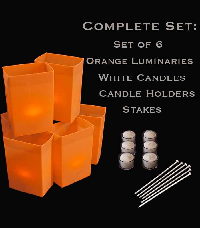Set of 6 Orange Luminaries, White Candles, Holders & Stakes