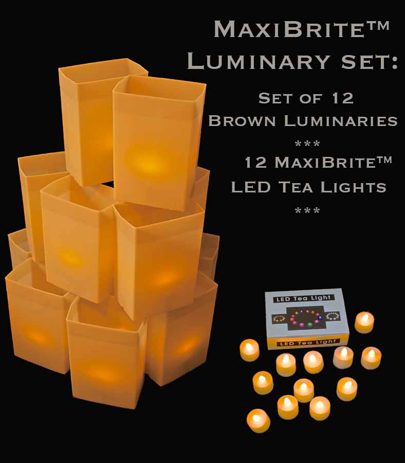 Brown Luminaries with MaxiBrite™ LED Tea Lights & Stakes