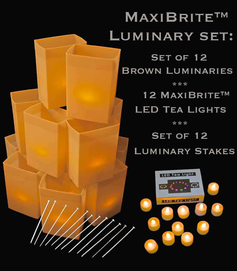 Brown Luminaries with MaxiBrite™ LED Tea Lights & Stakes