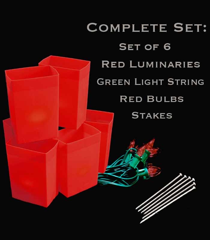 Set of 6 Red Luminaries, Green Light String, Red Bulbs & Stakes