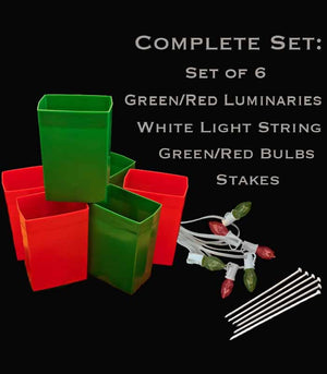 Set of 6 Red/Green Luminaries, White Light String, Red/Green Bulbs & Stakes