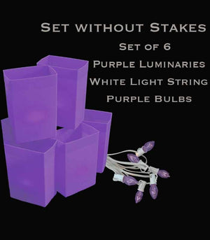 Set of 6 Purple Luminaries, White Light String, Purple Bulbs