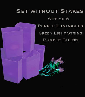 Set of 6 Purple Luminaries, Green Light String, Purple Bulbs