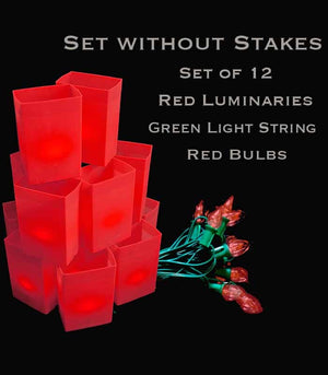 Set of 12 Red Luminaries, Green Light String, Red/Green Bulbs, No Stakes