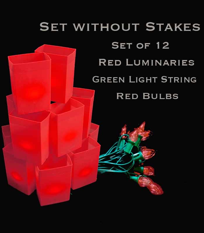 Set of 12 Red Luminaries, Green Light String, Red/Green Bulbs, No Stakes