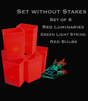 Set of 6 Red Luminaries, Green Light String, Red Bulbs, No Stakes