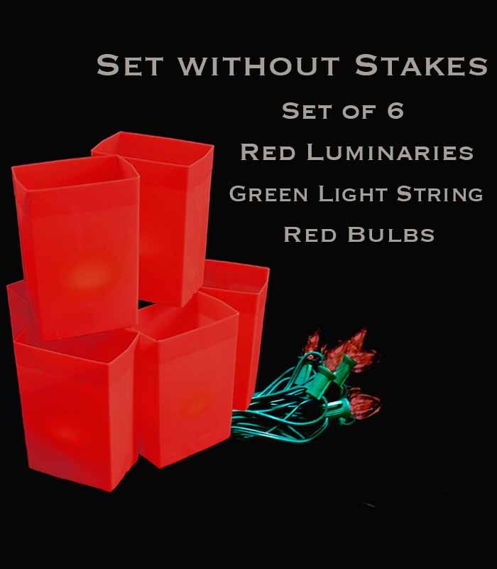 Set of 6 Red Luminaries, Green Light String, Red Bulbs, No Stakes