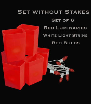 Set of 6 Red Luminaries, White Light String, Red Bulbs, No Stakes