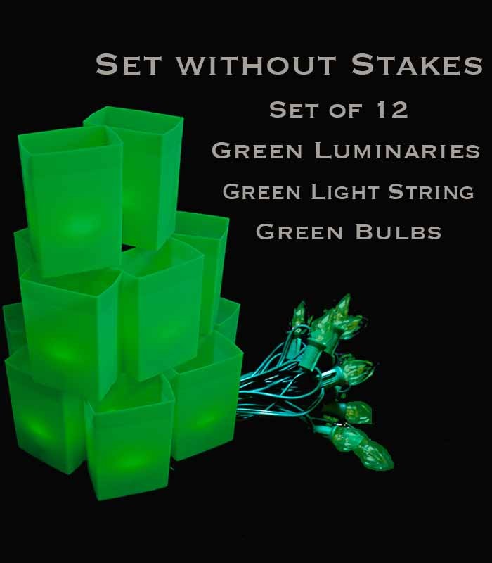 Set of 12 Green Luminaries, Green Light String, Green Bulbs, No Stakes