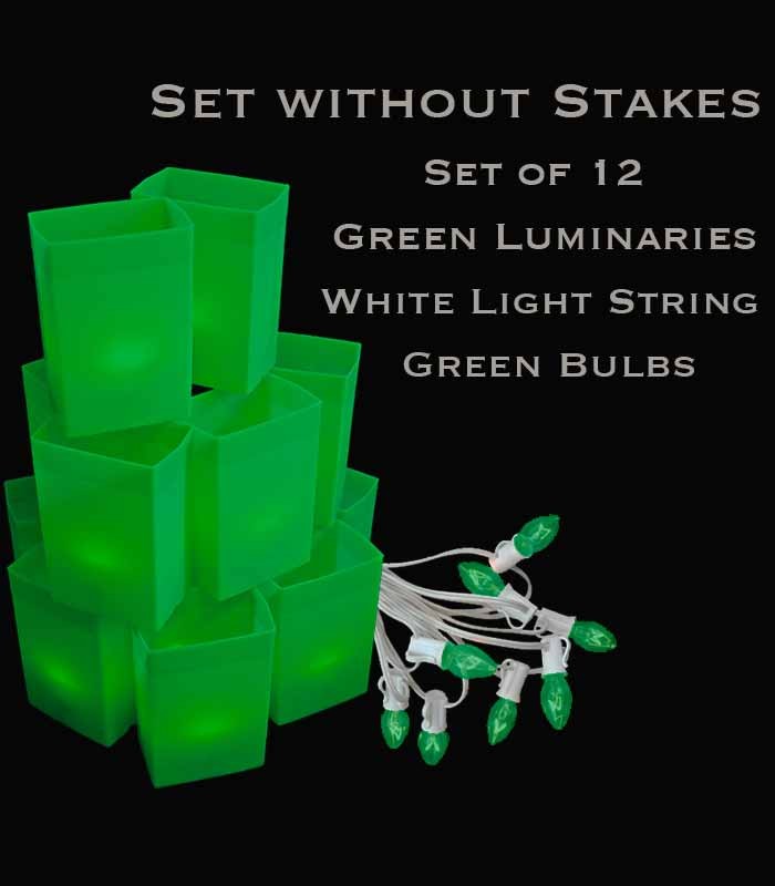 Set of 12 Green Luminaries, White Light String, Green Bulbs, No Stakes