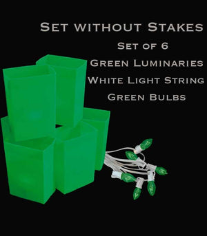 Set of 6 Green Luminaries, White Light String, Green Bulbs, No Stakes
