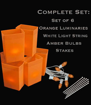 Set of 6 Orange Luminaries, White Light String with Amber Bulbs, Stakes