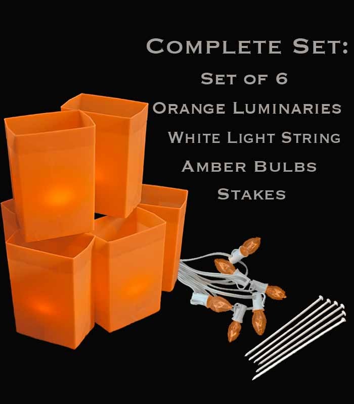 Set of 6 Orange Luminaries, White Light String with Amber Bulbs, Stakes