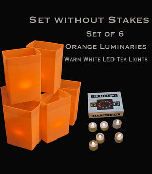 Set of 6 Orange Luminaries, Warm White LED Tea Lights with Timers, No Stakes