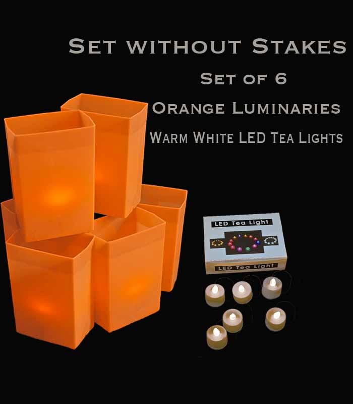 Set of 6 Orange Luminaries, Warm White LED Tea Lights with Timers, No Stakes