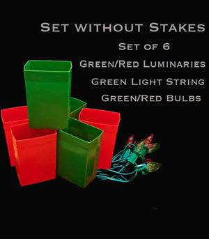 Set of 6 Red/Green Luminaries, green light string with red/green bulbs, no stakes