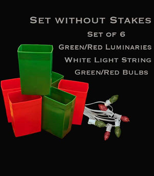Set of 6 Red/Green Luminaries, white light string with red/green bulbs, no stakes