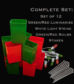 Set of 12 Red/Green Luminaries, white light string with red/green bulbs, stakes