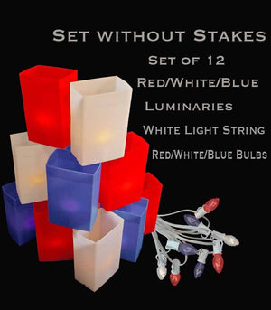 Set of 12 Patriotic Luminaries, white light string with R/W/B bulbs, no stakes