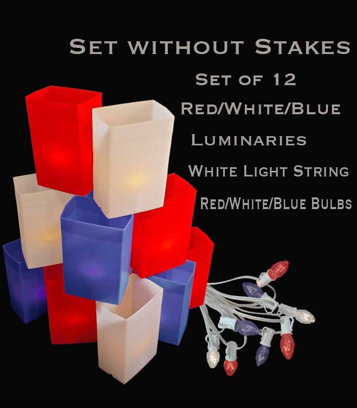 Set of 12 Patriotic Luminaries, white light string with R/W/B bulbs, no stakes