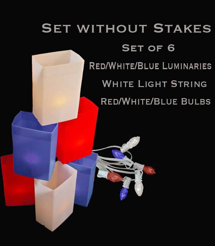 Set of 6 Patriotic Luminaries, white light string with red/white/blue bulbs, no stakes