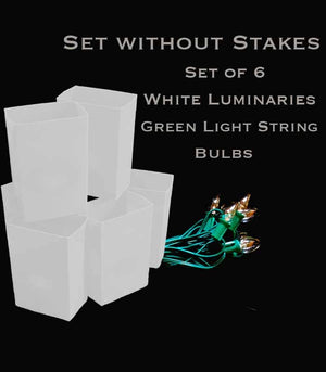 Set of 6 White Luminaries, green light string with clear bulbs, no stakes