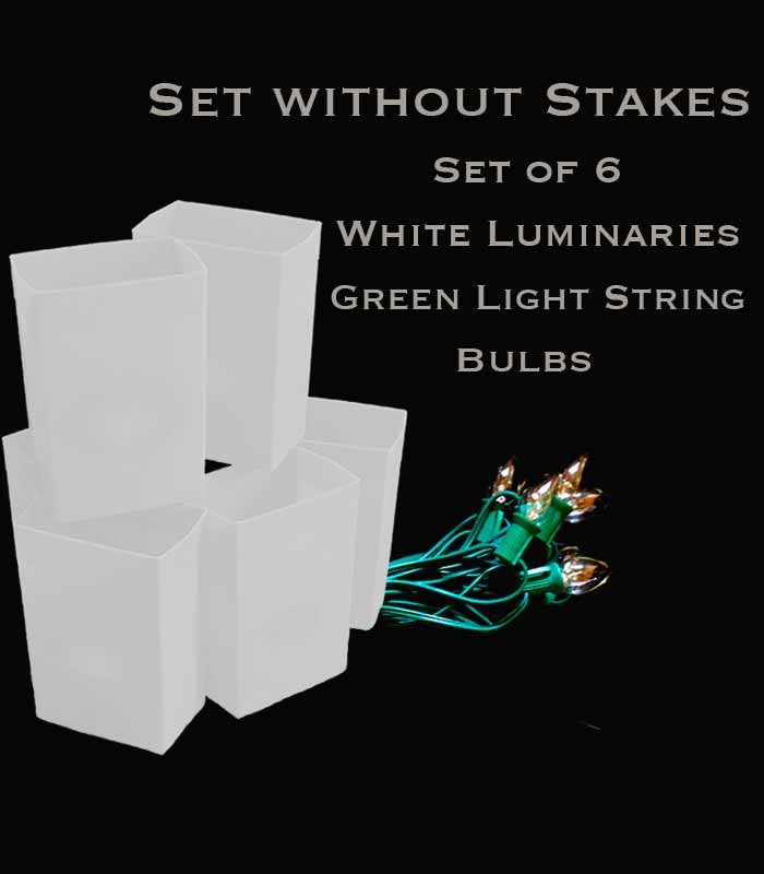 Set of 6 White Luminaries, green light string with clear bulbs, no stakes