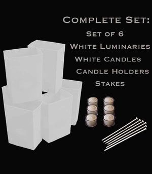 Set of 6 White Luminaries, white candles & holders, stakes