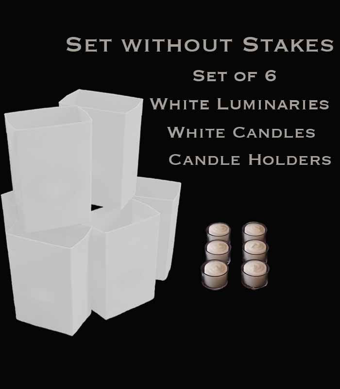 Set of 6 White Luminaries, white candles & holders, no stakes