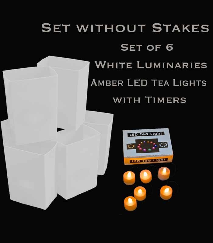 Set of 6 White Luminaries, amber LED tea lights with timers, no stakes