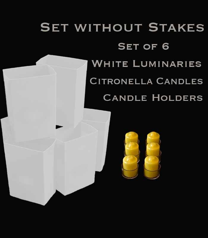 Set of 6 White Luminaries, Citronella Candles & Holders, No Stakes