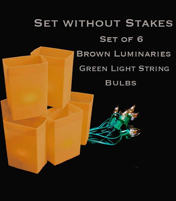 Set of 6 Brown Luminaries, green light string with clear bulbs, no stakes