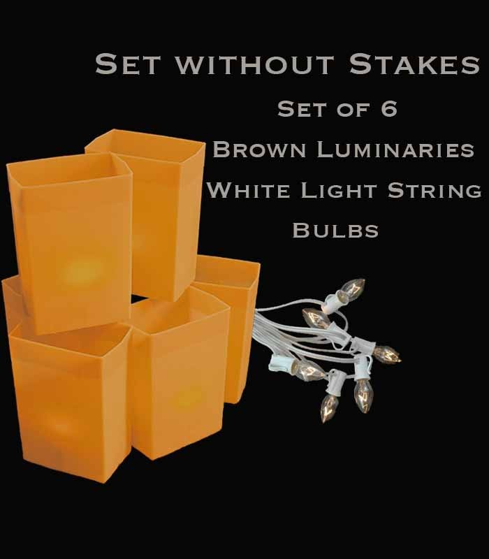 Set of 6 Brown Luminaries, white light string with clear bulbs, no stakes