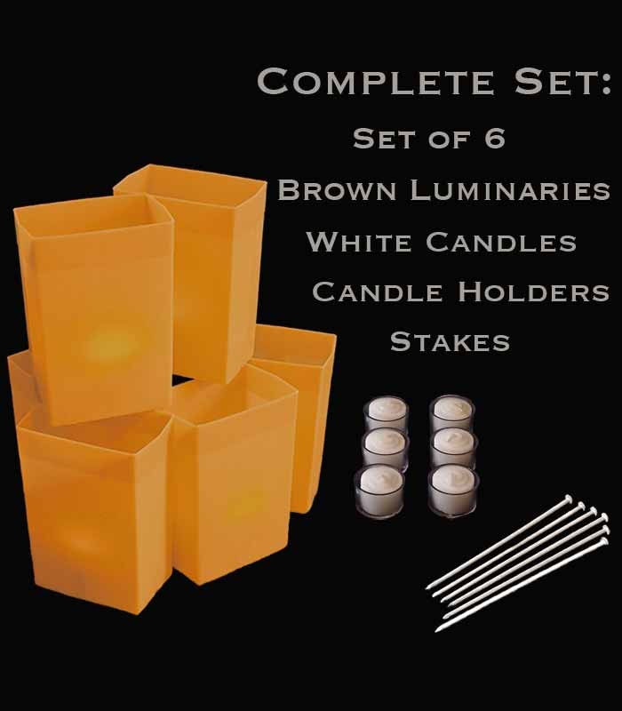 Set of 6 Brown Luminaries, white candles & holders, stakes