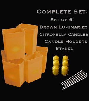 Set of 6 Brown Luminaries, citronella candles & holders, stakes