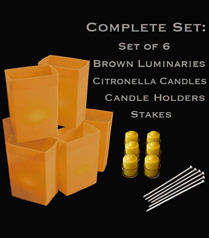 Set of 6 Brown Luminaries, citronella candles & holders, stakes