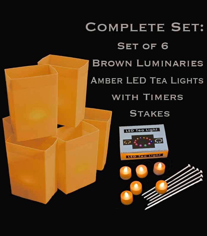 Set of 6 Brown Luminaries, amber LED tea lights with timers, stakes