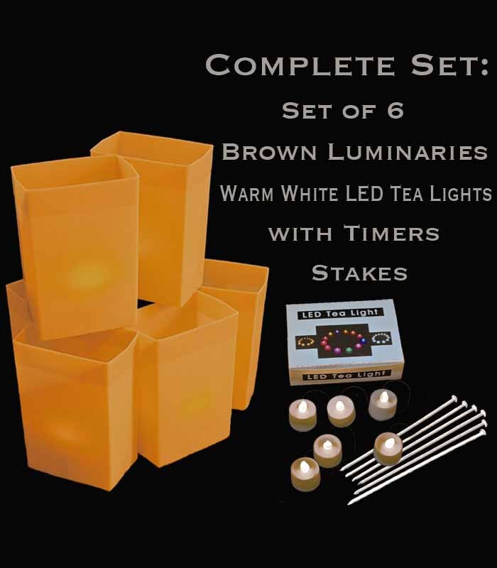 Set of 6 Brown Luminaries, warm white LED tea lights with timers, stakes