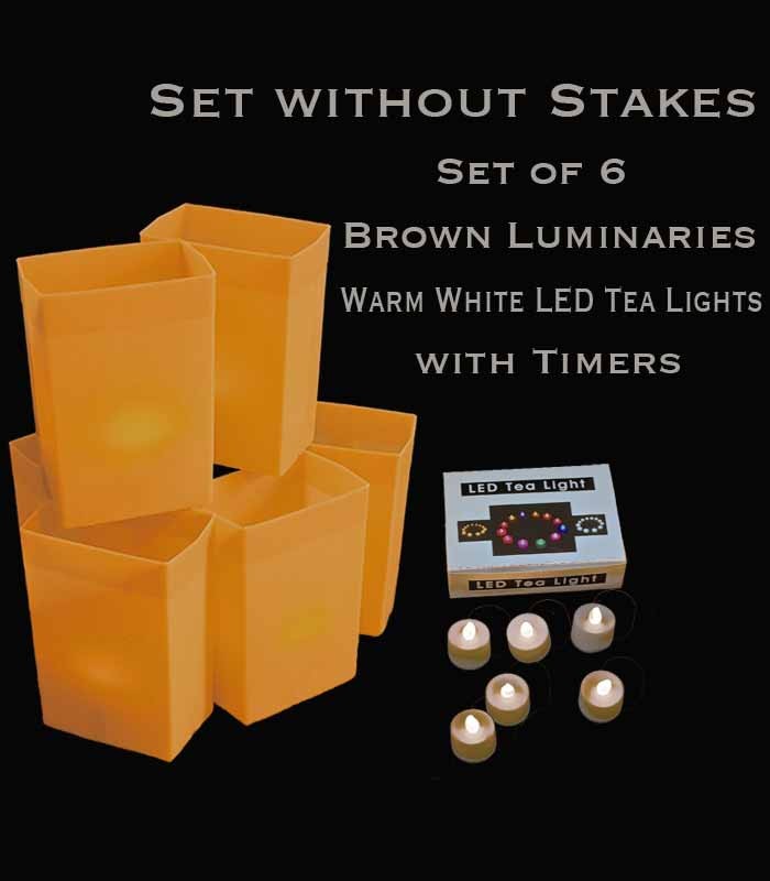 Set of 6 Brown Luminaries, warm white LED tea lights with timers, no stakes