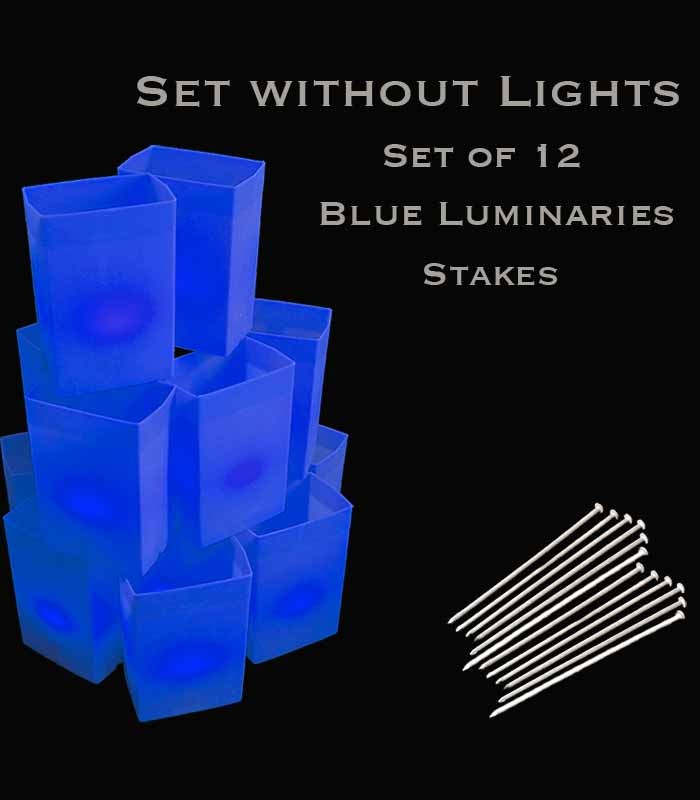 Set of 12 Blue Luminaries, no light source, stakes