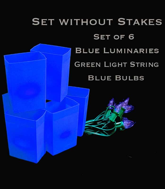 Set of 6 Blue Luminaries, green light strings with blue bulbs, no stakes